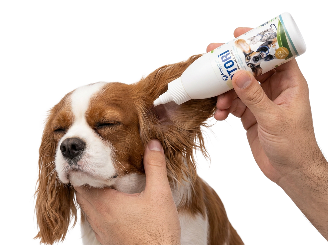 Applicazione Aloeplus Otorì sull’orecchio del cane